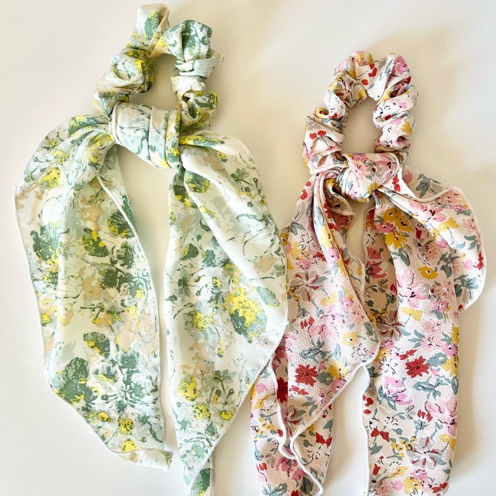 Anthropologie Floral Hair Scrunchies - Green and Pink